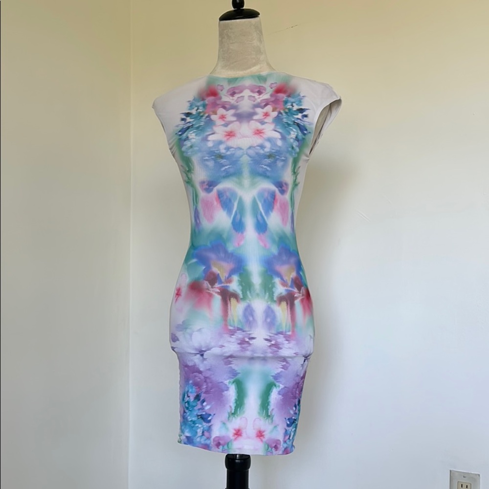 AFRM Blue Pink Sleeveless Mock Neck Bodycon Mini Dress